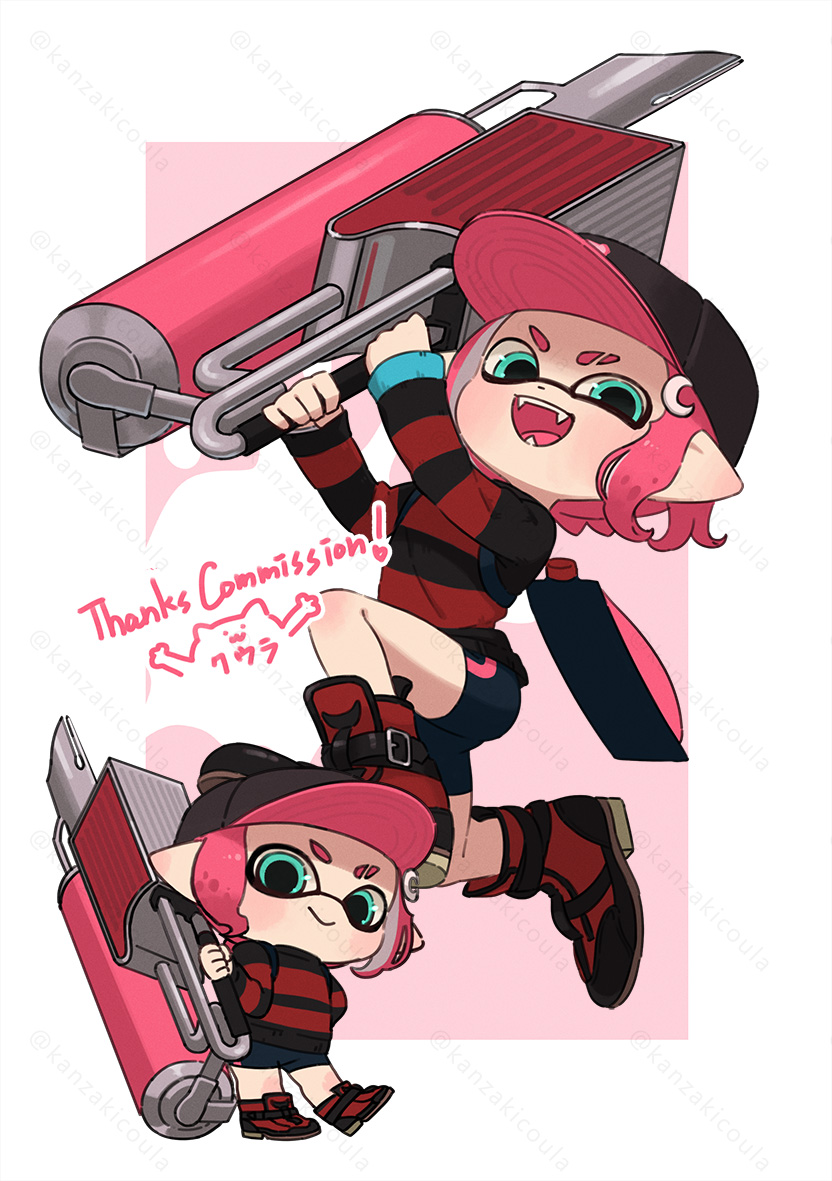 1girl aqua_eyes baseball_cap bike_shorts black_footwear black_hat border chibi chibi_inset closed_mouth commentary_request commission coula_cat eyebrow_cut flingza_roller_(splatoon) hat high_tops holding holding_weapon ink_tank_(splatoon) inkling inkling_girl inkling_player_character medium_hair multiple_views open_mouth outside_border pointy_ears red_background red_footwear redhead shoes smile sneakers splatoon_(series) splatoon_3 teeth tentacle_hair thank_you two-tone_footwear weapon white_border