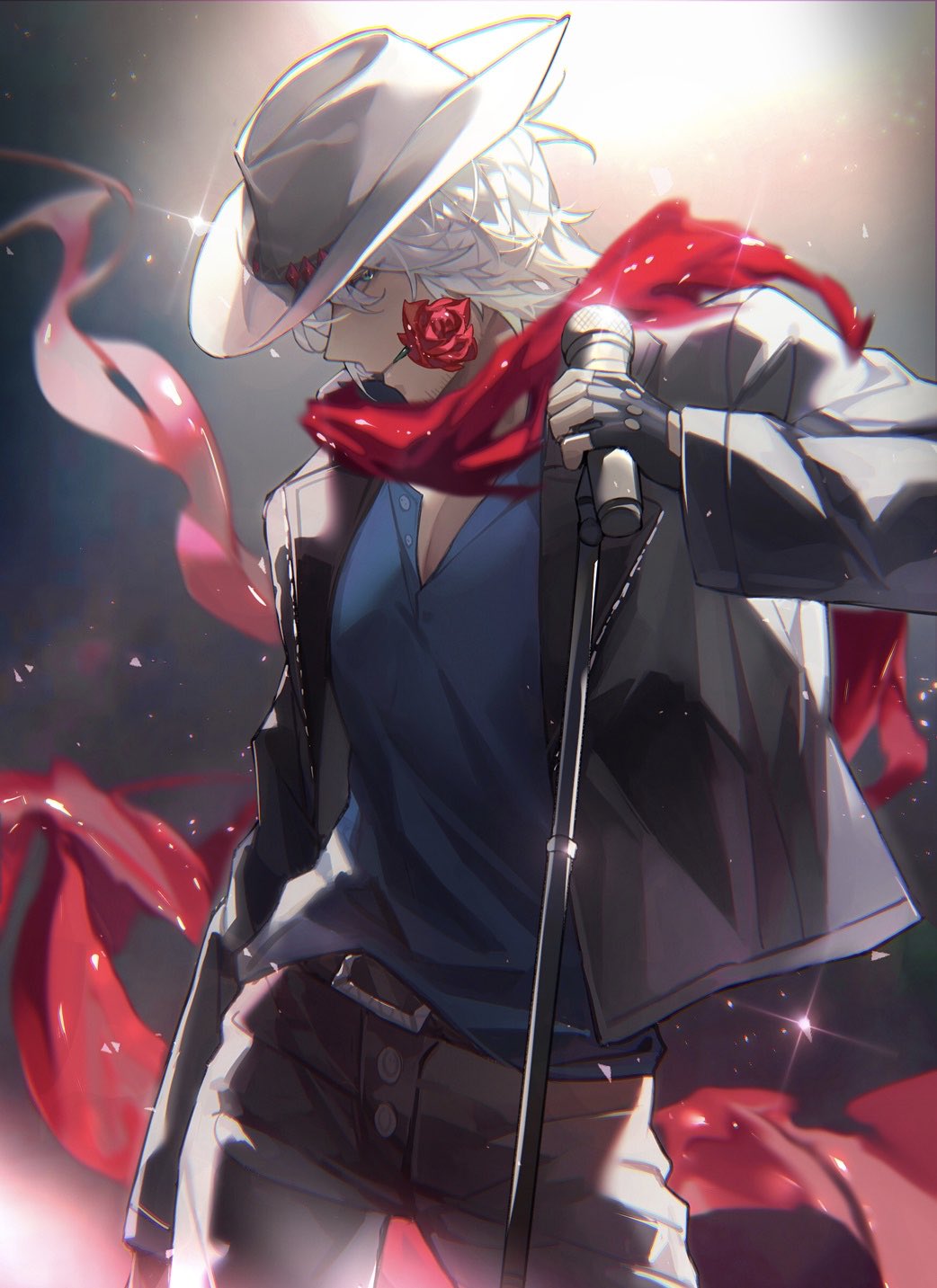 1boy bishounen blue_eyes closed_mouth coat cowboy_hat dante_(devil_may_cry) devil_may_cry_(series) devil_may_cry_5 fingerless_gloves flower flower_in_mouth gloves hat highres holding long_hair looking_at_viewer male_focus mouth_hold red_flower red_rose rose shigu_dmc shirt smile solo upper_body white_hair