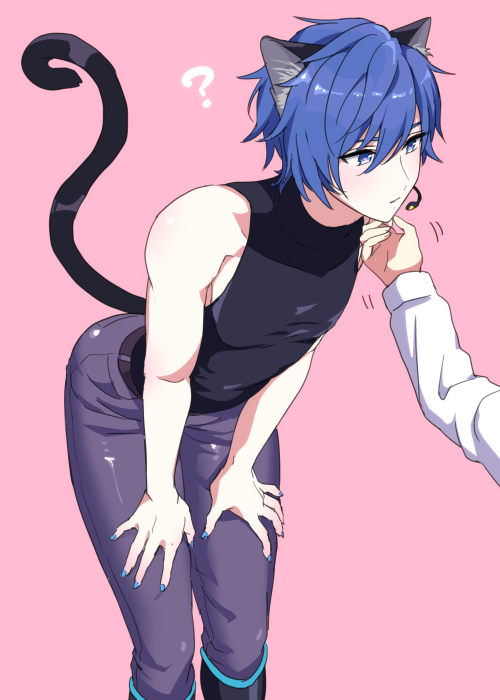 1boy ? akiyoshi_(tama-pete) animal_ears blue_eyes blue_hair blue_nails cat_boy cat_ears cat_tail closed_mouth from_side hand_on_another's_chin hands_on_own_knees kaito_(vocaloid) leaning_forward looking_at_another male_focus pants pink_background purple_pants short_hair simple_background sleeveless sleeveless_turtleneck stroking_another's_chin tail turtleneck vocaloid