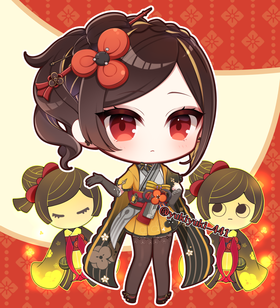 1girl black_footwear black_gloves black_hair black_thighhighs braid brown_hair brown_skirt chibi chiori_(genshin_impact) closed_eyes closed_mouth commentary_request doll elbow_gloves full_body genshin_impact gloves grey_kimono hair_bun hand_up japanese_clothes kimono looking_at_viewer multicolored_hair obi pleated_skirt red_eyes sash shoes short_sleeves skirt standing streaked_hair tamoto_(genshin_impact) thigh-highs twitter_username yukiyuki_441