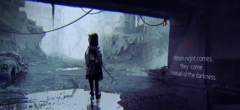 1girl building chromatic_aberration commentary english_text from_behind lemtun long_hair original puddle reflection reflective_water ruins scenery solo standing