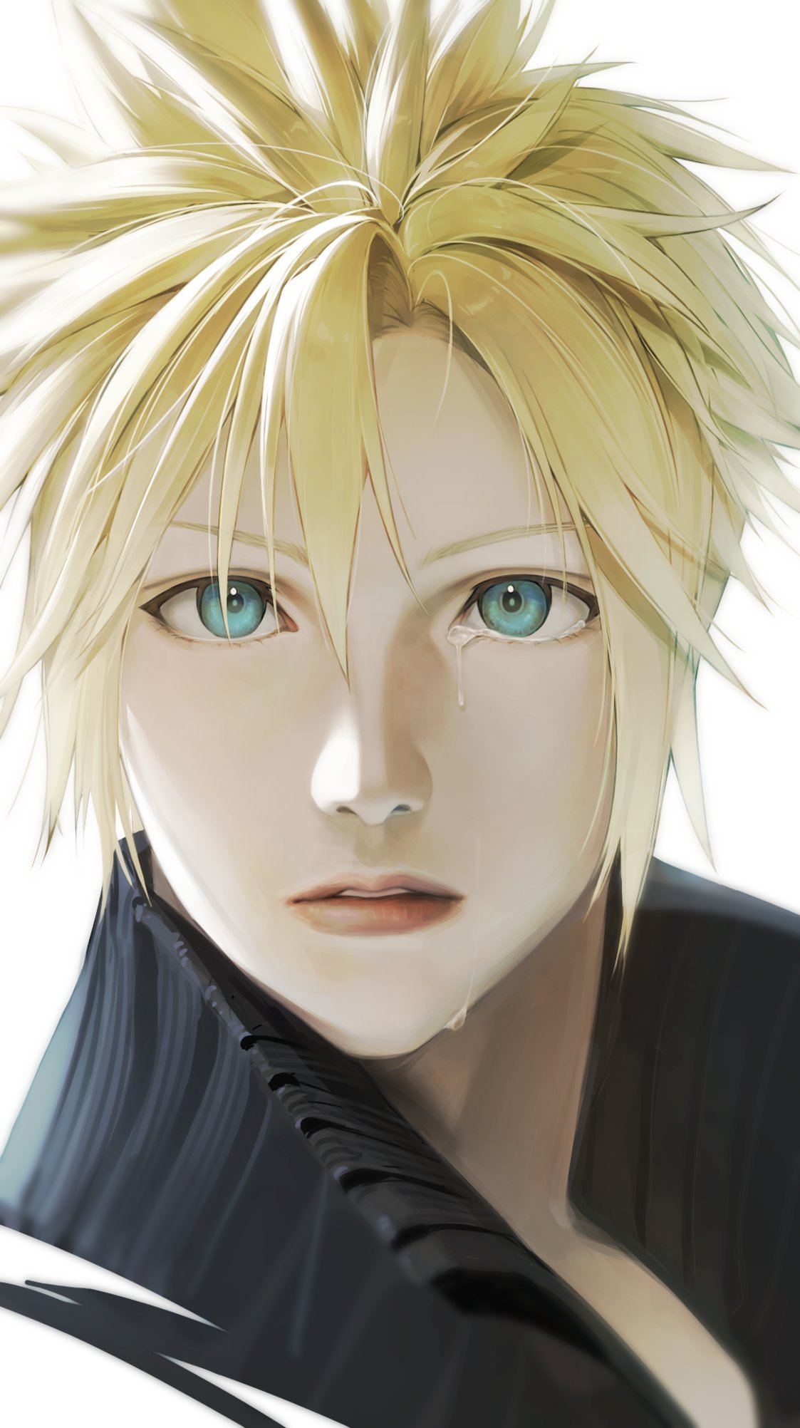 1boy aqua_eyes black_shirt blonde_hair close-up cloud_strife crying extrim1004 final_fantasy final_fantasy_vii final_fantasy_vii_advent_children hair_between_eyes highres looking_at_viewer male_focus parted_lips popped_collar shirt short_hair solo spiky_hair tears upper_body white_background