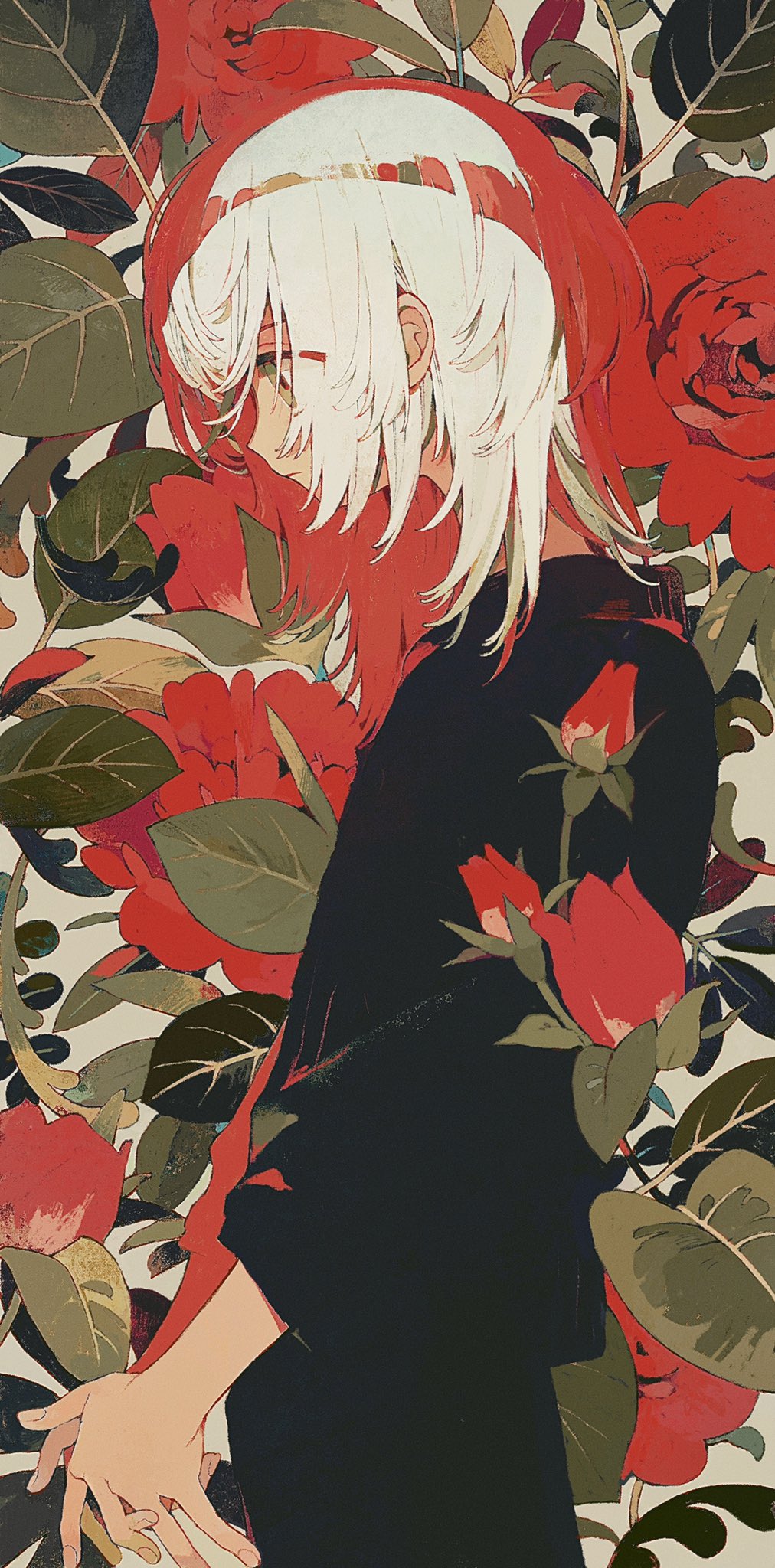 1girl black_shirt closed_mouth flower from_side highres ka_(marukogedago) leaf long_hair long_sleeves multicolored_hair original own_hands_together plant profile red_flower redhead shirt solo standing two-tone_hair upper_body white_hair