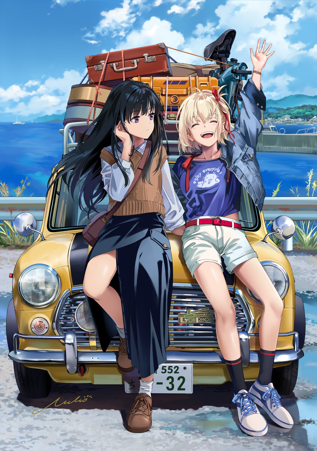 2girls ^_^ belt belt_buckle bicycle black_hair black_skirt blonde_hair blue_jacket blue_shirt breasts brown_footwear brown_sweater_vest buckle car closed_eyes closed_mouth clouds collarbone commentary copyright_name day denim floating_hair hair_ribbon highres horizon inoue_takina jacket landscape leaning_on_object license_plate long_hair long_sleeves looking_at_another lycoris_recoil medium_breasts midriff_peek motor_vehicle multiple_girls neko_(yanshoujie) nishikigi_chisato ocean open_clothes open_jacket open_mouth outdoors red_belt red_ribbon ribbon road shirt short_hair shorts signature single_off_shoulder skirt sky socks suitcase sweater_vest teeth tucking_hair upper_teeth_only violet_eyes white_footwear white_shorts white_socks