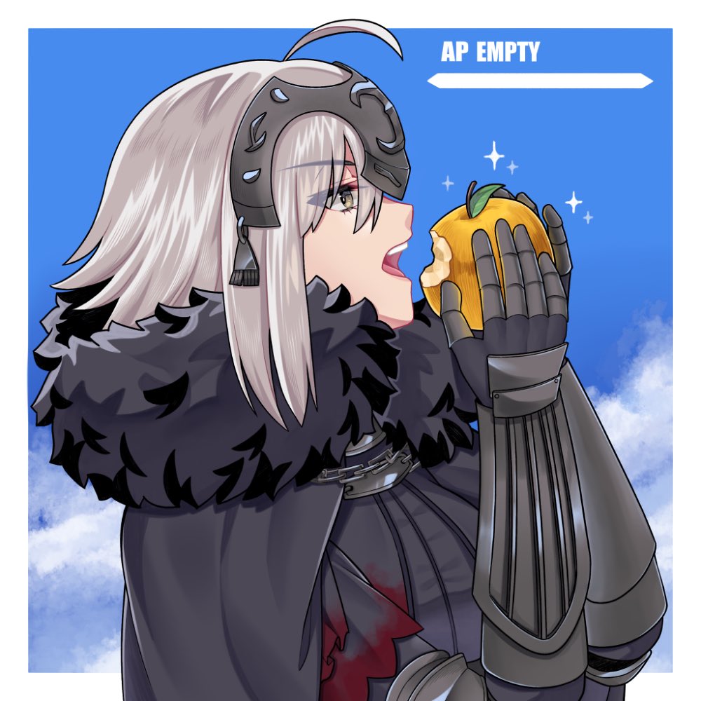 1girl ahoge akio_(akio1124) apple black_cape cape chain clouds commentary_request fate/grand_order fate_(series) food from_side fruit fur-trimmed_cape fur_trim gameplay_mechanics headpiece holding holding_food holding_fruit jeanne_d'arc_alter_(fate) open_mouth sky solo vambraces white_hair yellow_eyes