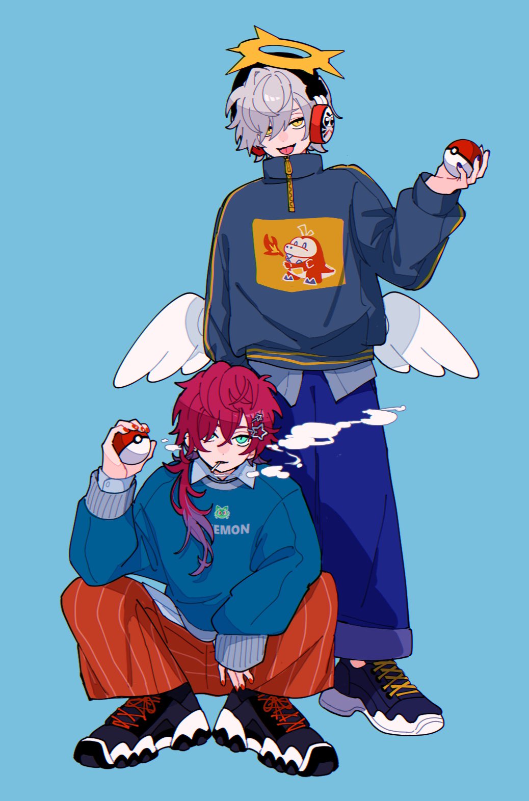 2boys angel_wings aqua_eyes black_footwear blue_background blue_footwear blue_jacket blue_pants blue_shirt blue_sweater crazy_raccoon cuffed daruma_is_god fuecoco full_body hair_over_one_eye halo hand_up headphones highres holding holding_poke_ball jacket lauren_iroas long_hair looking_at_viewer low_wings male_focus multiple_boys nasi_w2 orange_pants pants poke_ball pokemon print_jacket print_sweater quarter-zip redhead shirt shirt_under_sweater shoes short_hair simple_background sneakers squatting standing striped_clothes striped_pants sweater track_jacket vertical-striped_clothes vertical-striped_pants white_hair wings yellow_eyes yellow_halo