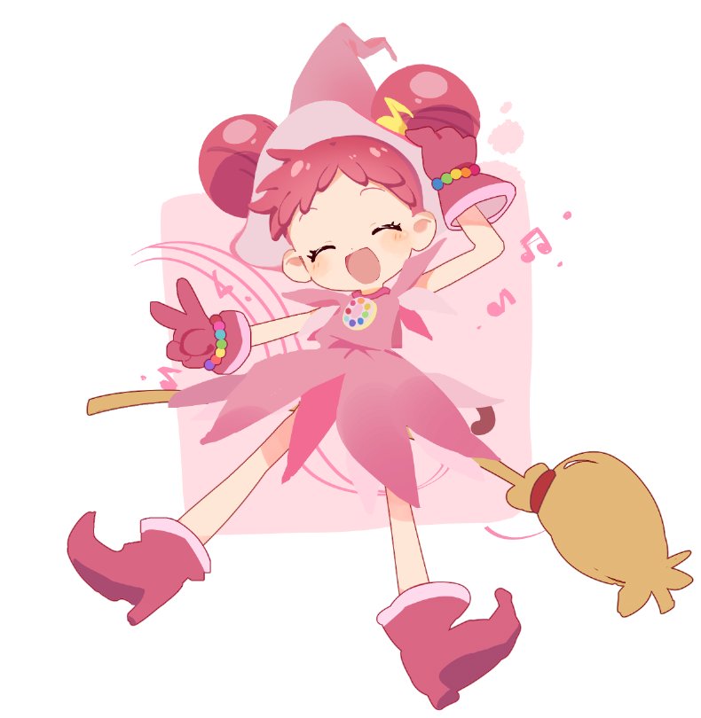 1girl :d ^_^ arm_up asa_yuki523 blush boots broom closed_eyes commentary_request double_bun dress full_body gloves hair_bun hair_ornament hand_on_headwear harukaze_doremi hat magical_girl musical_note musical_note_hair_ornament ojamajo_doremi open_mouth pink_dress pink_footwear pink_gloves pink_hat pointy_footwear redhead short_bangs short_hair smile solo standing v witch_hat