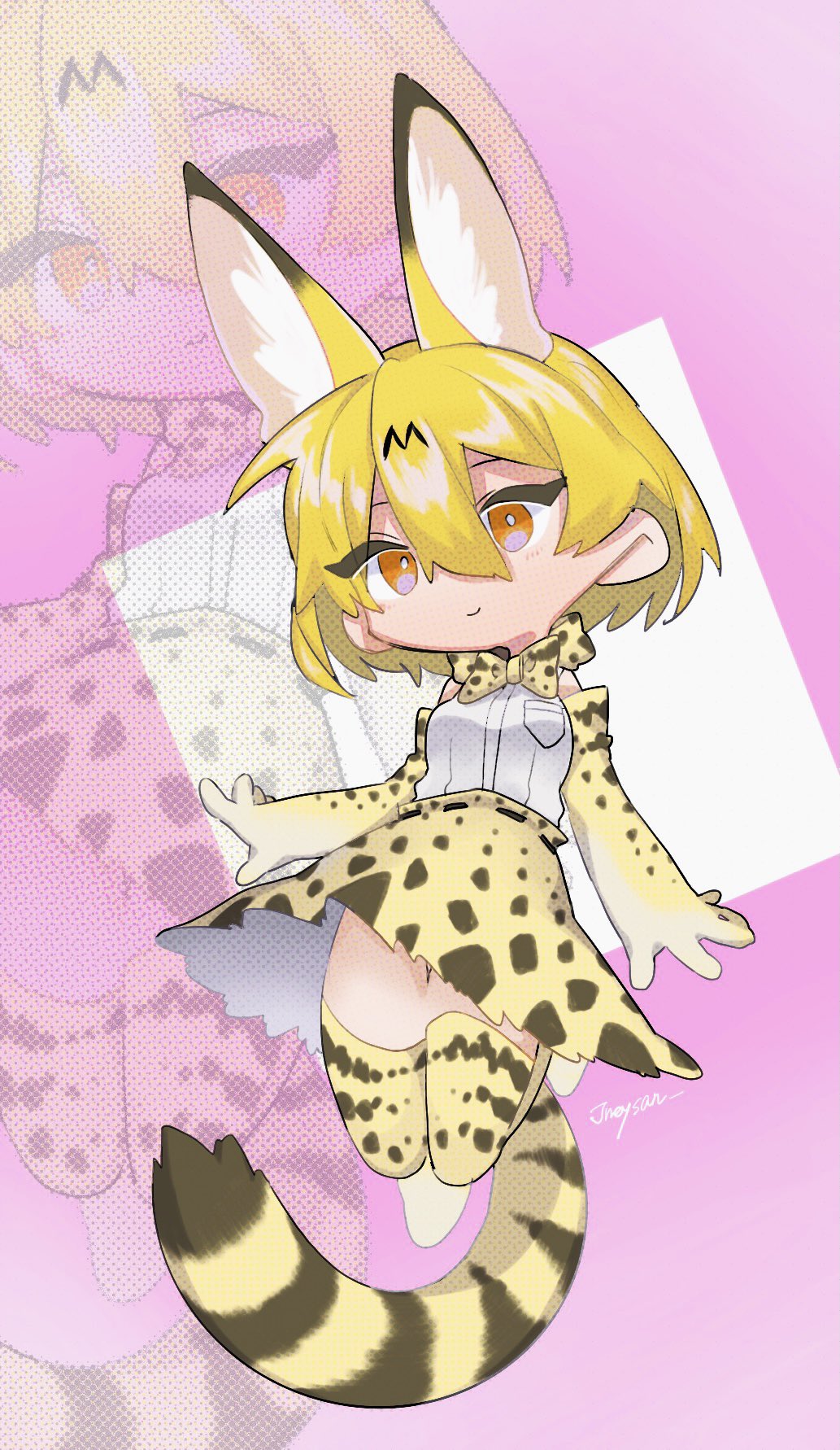 1girl animal_ears bad_id bad_twitter_id blonde_hair bow bowtie closed_mouth commentary_request cowboy_shot cropped_legs elbow_gloves extra_ears gloves hair_between_eyes highres inactive_account jmeysan kemono_friends looking_at_viewer orange_eyes pink_background print_bow print_bowtie print_gloves print_skirt serval_(kemono_friends) serval_print shirt short_hair skirt sleeveless sleeveless_shirt smile solo tail thigh-highs white_shirt zoom_layer