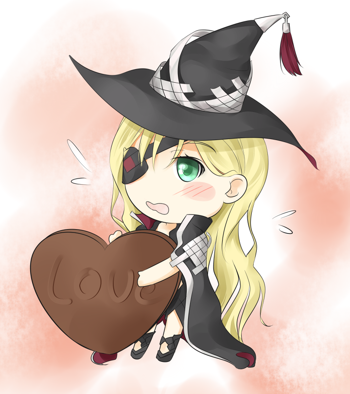 1girl black_cape black_footwear black_hat blonde_hair blush candy cape chibi chocolate commentary_request eyepatch fairy food full_body green_eyes hair_between_eyes hat heart heart-shaped_chocolate holding holding_candy holding_chocolate holding_food long_hair medium_bangs mini_person minigirl open_mouth othinus pink_background shin_(highest1192) solo standing toaru_majutsu_no_index toaru_majutsu_no_index:_new_testament very_long_hair wavy_hair wavy_mouth witch_hat