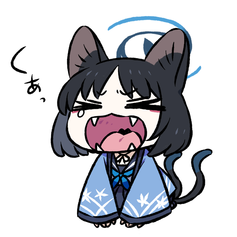 &gt;_&lt; 1girl animal_ears black_hair blue_archive blue_halo cat_ears cat_tail chan_co halo japanese_clothes kikyou_(blue_archive) multiple_tails open_mouth sailor_collar school_uniform serafuku short_hair solo tail yawning