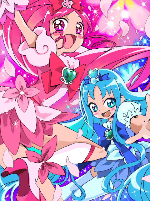 2-nd 2girls anime_coloring arm_up blue_background blue_bow blue_bowtie blue_dress blue_eyes blue_flower blue_hair blue_sleeves blush_stickers boots bow bowtie brooch commentary_request cure_blossom cure_marine dress dress_flower eyelashes feet_out_of_frame floral_background flower foot_out_of_frame frilled_sleeves frills hair_bobbles hair_bow hair_flower hair_ornament hanasaki_tsubomi heart heart_brooch heart_hair_ornament heartcatch_precure! high_heel_boots high_heels high_ponytail jewelry kneehighs kurumi_erika leg_up long_hair looking_at_viewer magical_girl multiple_girls open_mouth outstretched_arm petals pink_background pink_bow pink_bowtie pink_dress pink_eyes pink_flower pink_footwear pink_hair pink_sleeves pink_wrist_cuffs precure puffy_short_sleeves puffy_sleeves short_dress short_sleeves smile socks spar thigh-highs two-tone_background very_long_hair wavy_hair white_socks white_thighhighs wrist_cuffs