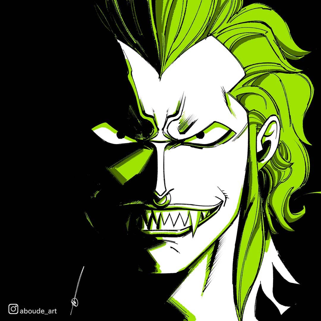 1boy aboude_art artist_name bartolomeo black_eyes clenched_teeth green_hair instagram_logo instagram_username limited_palette looking_at_viewer male_focus nose_piercing nose_ring one_piece piercing sharp_teeth signature smile solo teeth tusks