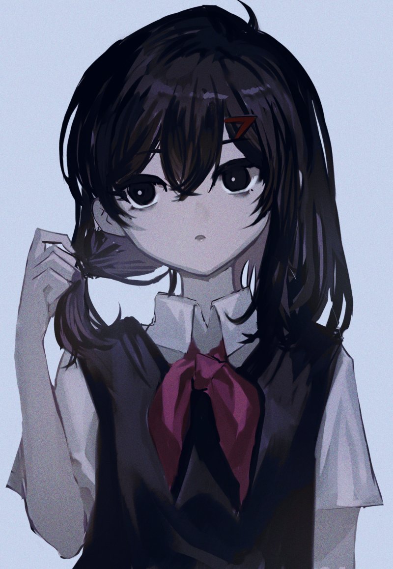 1girl arm_at_side black_eyes black_sweater_vest blue_background bright_pupils collared_shirt genderswap genderswap_(mtf) hair_between_eyes hair_ornament hairclip hand_in_own_hair looking_to_the_side medium_hair neckerchief omori parted_lips red_neckerchief shionty shirt short_sleeves solo sunny_(omori) sweater_vest upper_body white_pupils white_shirt