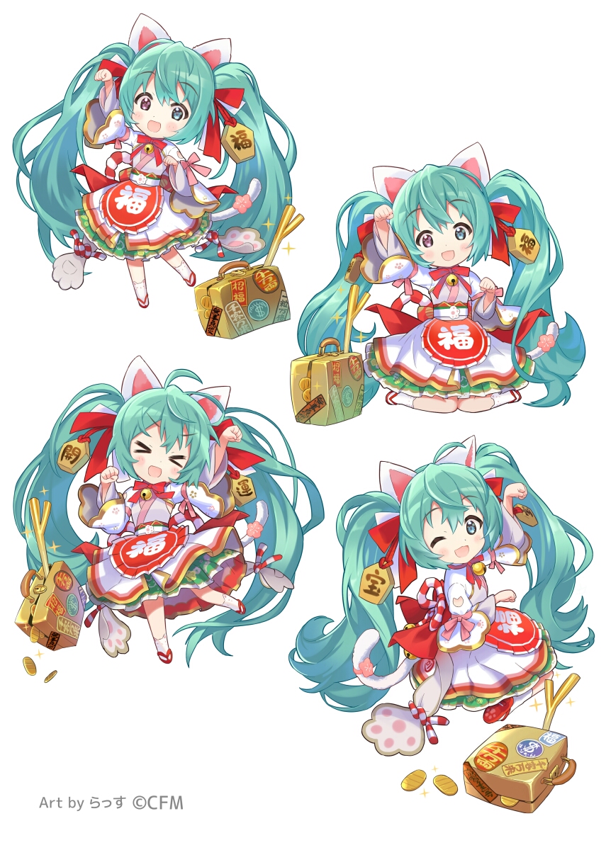 1girl animal_ears apron arm_up bell blue_eyes blue_hair bow bowtie cat cat_ears cat_tail coin crypton_future_media ema gold hair_bow hatsune_miku heterochromia highres japanese_clothes jingle_bell kimono koban_(gold) long_hair long_sleeves maneki-neko maneki_miku multiple_views neck_bell official_art open_mouth paw_pose paw_print rassie_s red_apron red_bow red_bowtie sandals simple_background smile socks spring_onion suitcase tabi tail twintails very_long_hair vocaloid white_background white_kimono white_socks wide_sleeves