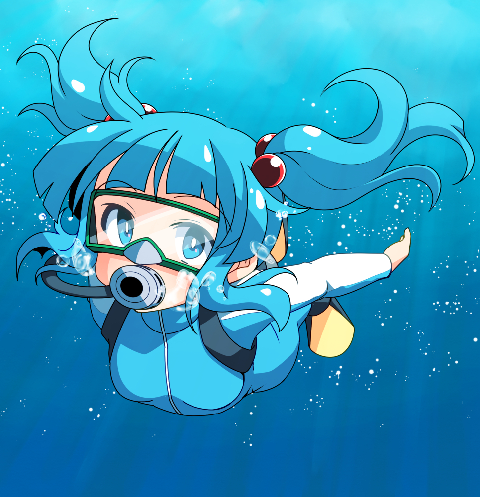 1girl blue_bodysuit blue_eyes blue_hair blue_theme bodysuit bubble commission dairi diving_mask diving_suit flippers goggles gradient_background in_water kawashiro_nitori looking_at_viewer scuba skeb_commission snorkel solo touhou two_side_up