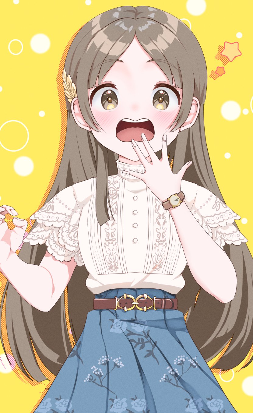 1girl belt belted_skirt blue_skirt blush brown_belt brown_eyes brown_hair buttons check_commentary commentary_request dot_nose floral_print gakuen_idolmaster hair_ornament hand_up highres idolmaster kuramoto_china lace-trimmed_shirt lace_trim leaf_hair_ornament long_hair looking_at_viewer mameiriko open_mouth shirt short_sleeves sidelocks skirt solo star_(symbol) surprised teeth upper_teeth_only watch watch white_shirt yellow_background