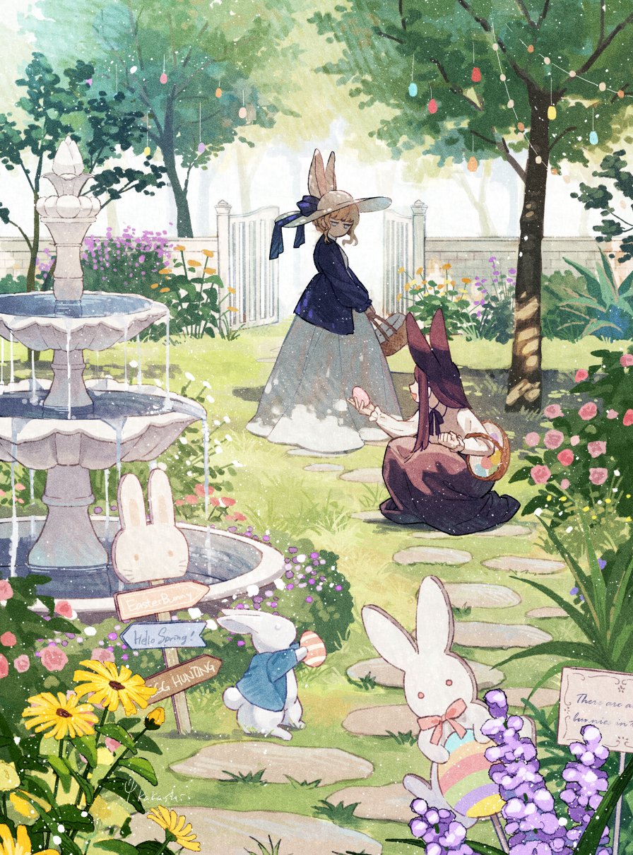 2girls animal animal_ears basket blonde_hair blue_eyes blue_jacket blunt_bangs bow brown_hair brown_skirt bush clothed_animal collared_shirt commentary dappled_sunlight day dress easter_egg egg flower fountain frilled_sleeves frills from_side garden gate grass hat hat_bow highres hinata_(echoloveloli) holding holding_basket holding_egg jacket jitome long_hair long_sleeves multiple_girls neck_ribbon open_mouth original outdoors pink_flower pink_rose purple_flower rabbit rabbit_ears ribbon rose rose_bush scenery shirt short_hair sign skirt squatting standing stepping_stones sun_hat sunlight tree water white_dress white_hat white_shirt wide_shot yellow_flower