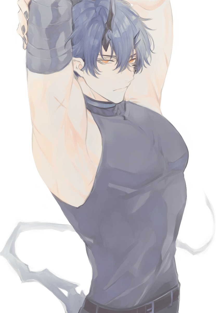 1boy arknights armpits arms_up bandaged_arm bandages black_nails blue_hair closed_mouth demon_tail flamebringer_(arknights) highres looking_at_viewer male_focus orange_eyes painting_(medium) pectorals scar scar_on_arm sleeveless sleeveless_turtleneck tail toriyoshi traditional_media turtleneck watercolor_(medium)