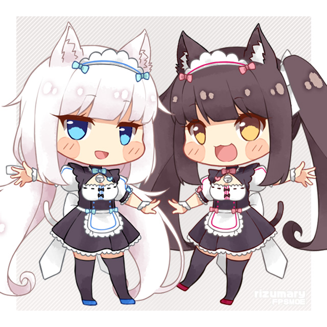 2girls :3 :d animal_ear_fluff animal_ears apron bell black_shirt black_skirt black_thighhighs blue_bow blue_bowtie blue_eyes blunt_bangs blush_stickers bow bowtie brown_hair cat_ears cat_girl cat_tail chibi chibi_only chocola_(nekopara) commentary fpsmoe frilled_skirt frills grey_background hair_bow happy jingle_bell jitome long_hair looking_at_viewer low_twintails maid maid_headdress multiple_girls neck_bell nekopara open_mouth outstretched_arms outstretched_hand puffy_short_sleeves puffy_sleeves red_bow red_bowtie shirt short_sleeves side-by-side simple_background skirt smile standing tail thigh-highs twintails vanilla_(nekopara) very_long_hair waist_apron waitress white_apron white_hair white_sleeves white_wrist_cuffs wrist_cuffs yellow_eyes zettai_ryouiki