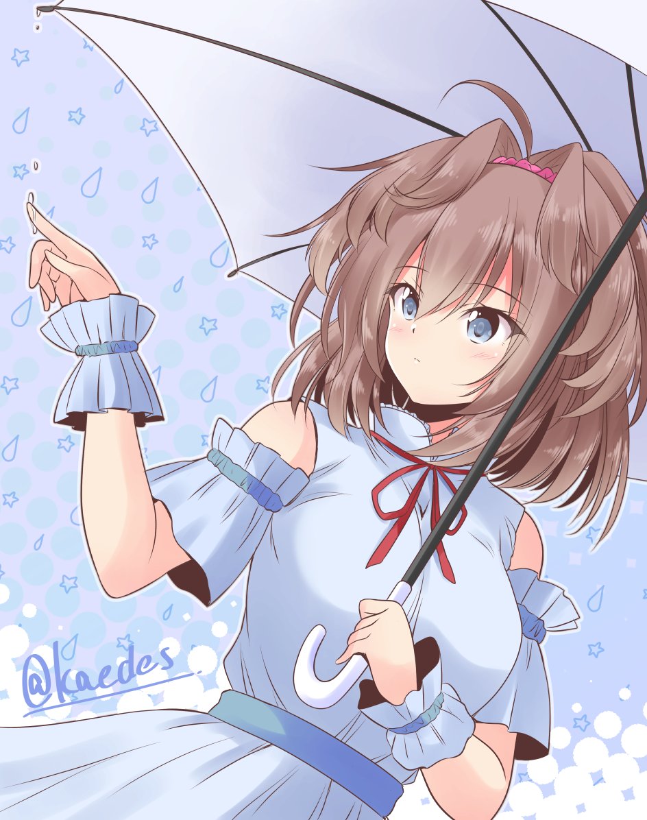1girl ahoge alternate_costume blue_dress blue_eyes brown_hair dress frilled_cuffs hair_intakes kantai_collection long_hair one-hour_drawing_challenge sheffield_(kancolle) shizuna_kaede solo twitter_username umbrella upper_body wrist_cuffs