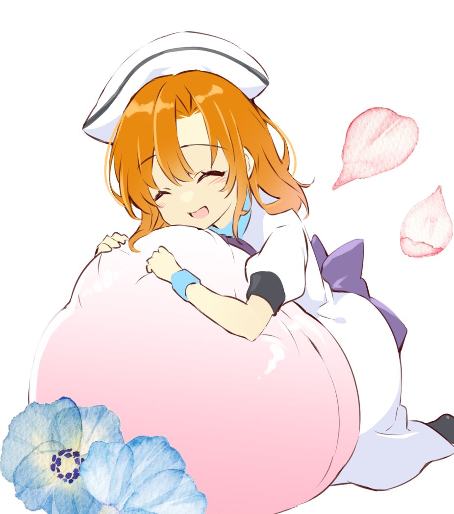 1girl ^_^ back_bow beret blue_flower blue_wrist_cuffs blush bow closed_eyes commentary_request dress feet_out_of_frame flower food fruit hair_between_eyes happy hashtag_only_commentary hat higurashi_no_naku_koro_ni hug hugging_object kneeling leaning_forward medium_hair open_mouth orange_hair peach puffy_short_sleeves puffy_sleeves purple_bow ryuuguu_rena short_sleeves simple_background smile solo suzuragi_karin white_background white_dress white_headwear wrist_cuffs