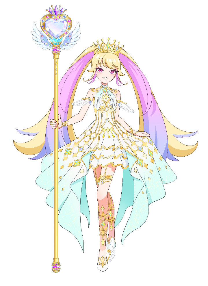 1girl bare_shoulders blonde_hair dress full_body gold_trim gradient_hair himeme_(waccha_primagi!) holding holding_scepter long_hair looking_at_viewer multicolored_hair official_art open_mouth pink_eyes pink_hair pretty_series scepter shoes simple_background skirt_hold smile solo standing tiara transparent_background twintails very_long_hair waccha_primagi! waccha_primagi!_studio white_dress