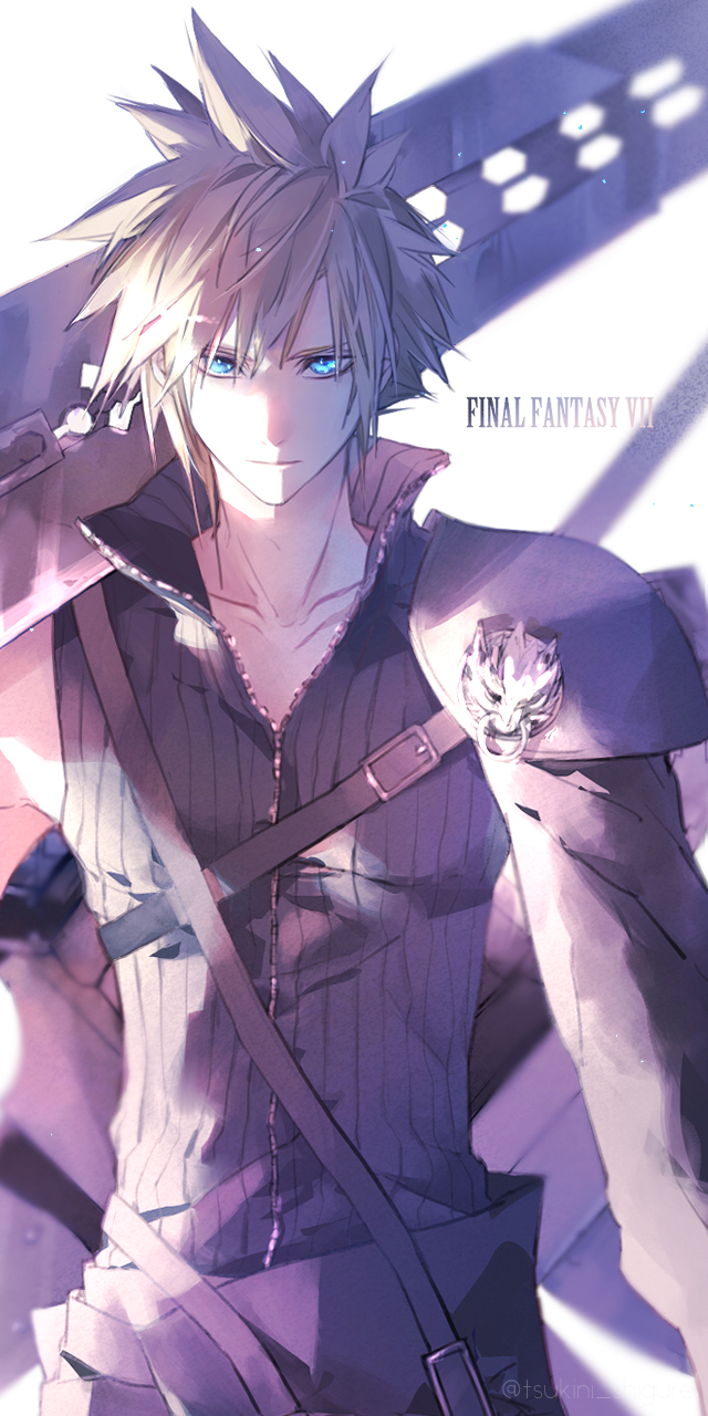 1boy aqua_eyes black_shirt black_sleeves blonde_hair closed_mouth cloud_strife collarbone cowboy_shot final_fantasy final_fantasy_vii final_fantasy_vii_advent_children fusion_swords hair_between_eyes highres holding holding_sword holding_weapon looking_at_viewer male_focus over_shoulder popped_collar shirt short_hair single_bare_shoulder single_shoulder_pad single_sleeve solo spiky_hair sword tsukini_shigure twitter_username waist_cape weapon weapon_over_shoulder white_background