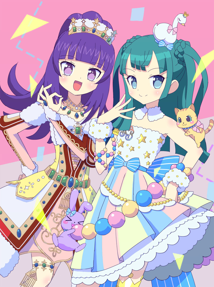 2girls :d bare_shoulders belt bird bird_hair_ornament blue_eyes blue_gemstone blunt_bangs blunt_ends cat cowboy_shot detached_sleeves dress frilled_skirt frills fur-trimmed_dress fur_collar fur_cuffs fur_shirt fur_trim gem gold_necklace green_gemstone green_hair hair_ornament hanazono_shuka hand_on_own_hip hand_up idol_clothes idol_time_pripara jewelry ku_(residual666) long_hair looking_at_viewer multiple_girls necklace ok_sign open_mouth pink_background pleated_skirt ponytail pretty_series pripara purple_hair rabbit skirt smile standing striped_clothes striped_skirt swan tiara tsukikawa_chili two_side_up vertical-striped_clothes vertical-striped_skirt violet_eyes