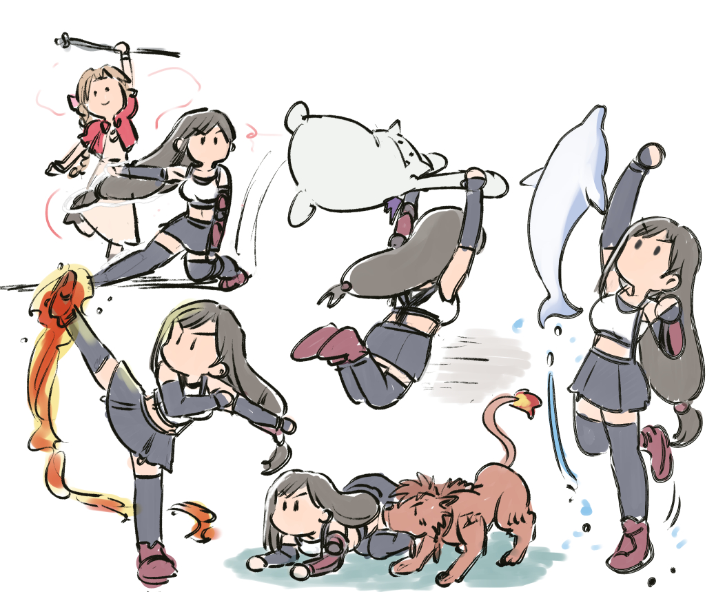 2boys 2girls aerith_gainsborough all_fours animal bare_shoulders black_gloves black_skirt black_thighhighs boots breasts brown_footwear brown_hair chibi clenched_hands creature crop_top dolphin dress elbow_gloves fighting_stance final_fantasy final_fantasy_vii final_fantasy_vii_rebirth final_fantasy_vii_remake flame-tipped_tail flaming_leg furrowed_brow gloves hair_ribbon hair_tubes high_kick holding holding_staff jacket jumping kicking long_dress long_hair low-tied_long_hair medium_breasts midriff miniskirt moogle multiple_boys multiple_girls orange_fur parted_bangs pink_dress pink_ribbon red_jacket red_xiii redhead ribbon shirt short_sleeves sketch skirt sleeveless sleeveless_shirt staff standing standing_on_one_leg suspenders thigh-highs tifa_lockhart tsubobot uppercut white_background white_shirt