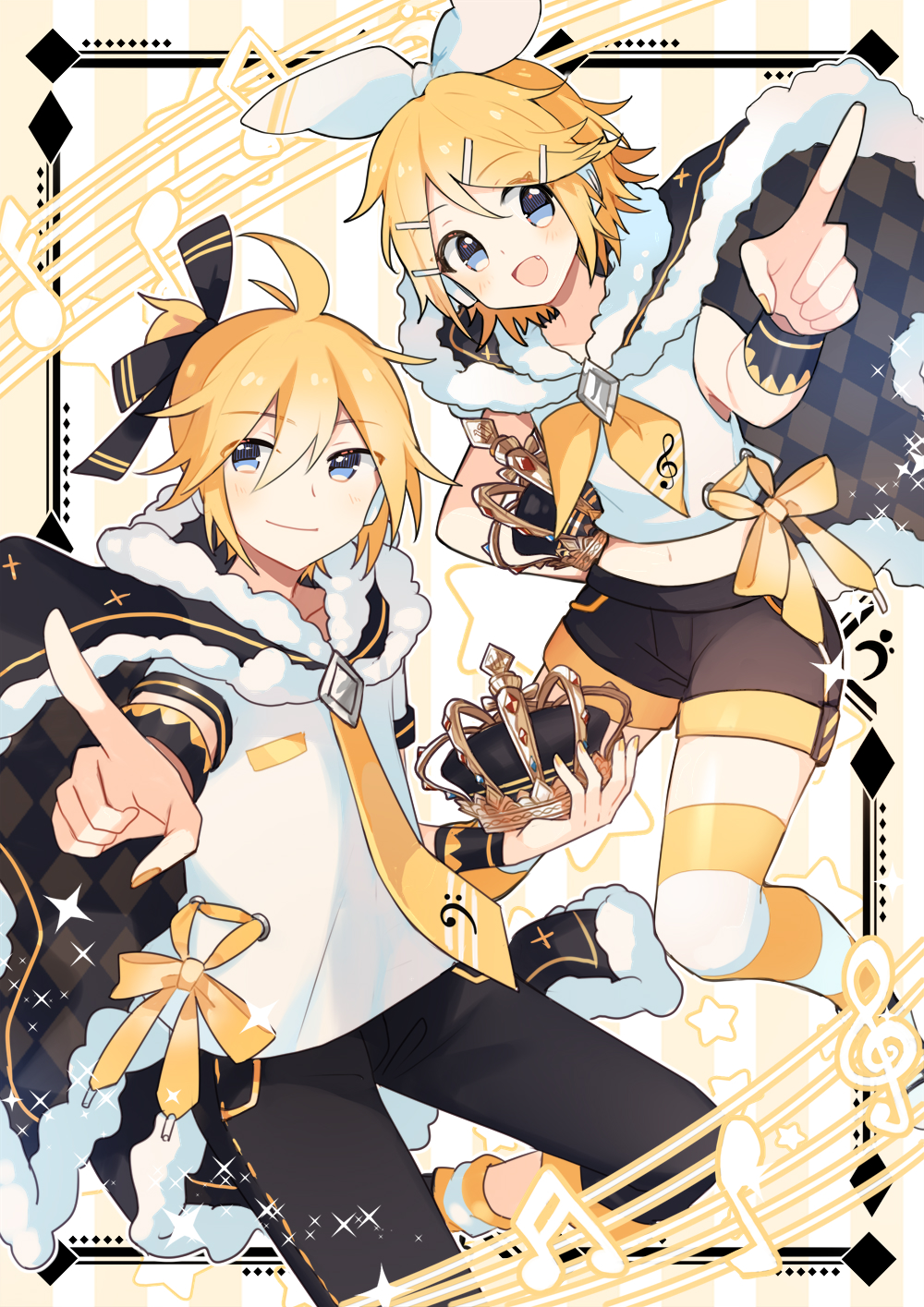 1boy 1girl :d ahoge bass_clef beamed_sixteenth_notes black_border black_cape black_pants black_shorts blonde_hair blue_eyes border bow bow_hairband brother_and_sister cape closed_mouth crop_top crown fang fenghu_(huli) fur-trimmed_cape fur_trim hair_bow hair_ornament hair_ribbon hairband hairclip hand_on_own_hip highres holding kagamine_len kagamine_rin looking_at_viewer midriff musical_note navel necktie open_mouth pants pointing pointing_at_viewer ribbon sailor_collar shirt short_hair short_ponytail short_sleeves shorts siblings sixteenth_note smile sparkle staff_(music) striped_background striped_clothes striped_thighhighs thigh-highs treble_clef vocaloid white_hairband white_shirt yellow_background yellow_nails yellow_necktie yellow_theme yellow_thighhighs zettai_ryouiki