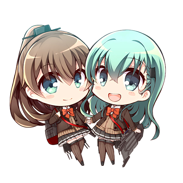 2girls blazer bow bowtie brown_cardigan brown_hair brown_jacket brown_skirt brown_thighhighs cardigan chibi full_body green_eyes green_hair hair_ornament hairclip jacket kantai_collection kumano_(kancolle) kumano_kai_ni_(kancolle) long_hair looking_at_viewer machinery multiple_girls pleated_skirt ponytail red_bow red_bowtie school_uniform simple_background skirt standing suzuya_(kancolle) suzuya_kai_ni_(kancolle) teramoto_kaoru thigh-highs white_background