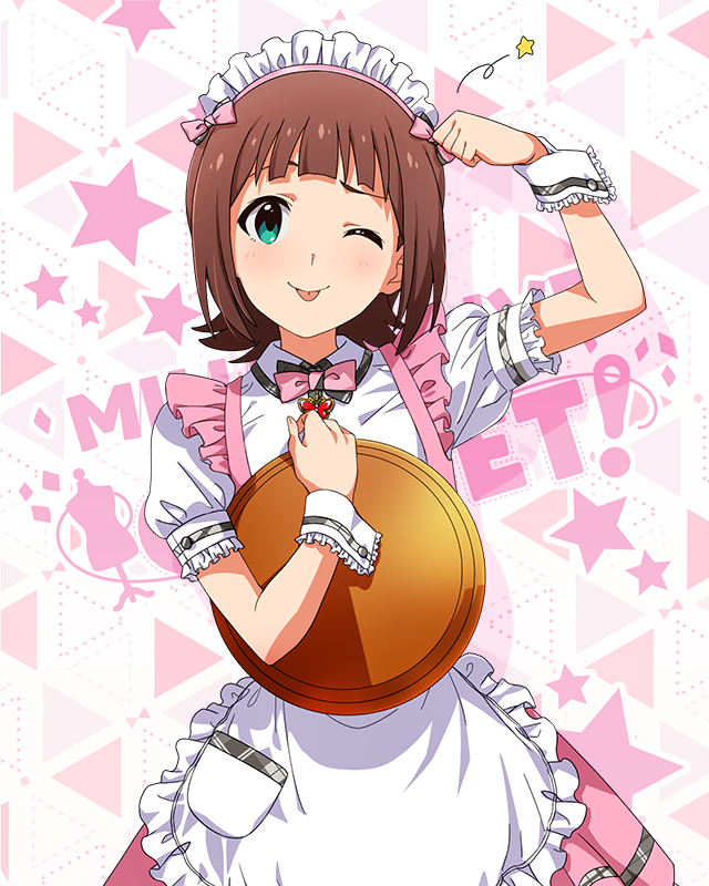 1girl :p apron blush bow bowtie butterfly_ornament dot_nose dress frilled_apron frilled_skirt frills green_eyes hand_to_head idolmaster idolmaster_(classic) idolmaster_million_live! idolmaster_million_live!_theater_days looking_at_viewer maid_headdress official_alternate_costume official_art one_eye_closed pink_bow pink_bowtie pink_dress pink_ribbon pretty_waitress_(idolmaster) puffy_short_sleeves puffy_sleeves ribbon shirt short_sleeves skirt solo star_(symbol) starry_background straight-on thigh-highs tongue tongue_out upper_body waist_apron white_apron white_shirt white_thighhighs wrist_cuffs