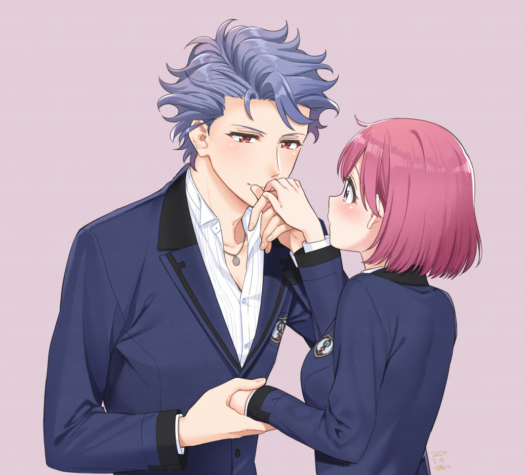 1boy 1girl blue_jacket blush bob_cut breasts collared_shirt couple hetero holding_hands jacket jewelry kiss kissing_hand krudears long_sleeves looking_at_another medium_breasts necklace pink_background protagonist_(tokimemo_gs3) red_eyes school_uniform shirt shitara_seiji short_hair smile suit_jacket tokimeki_memorial tokimeki_memorial_girl's_side_3rd_story upper_body violet_eyes wavy_hair white_shirt