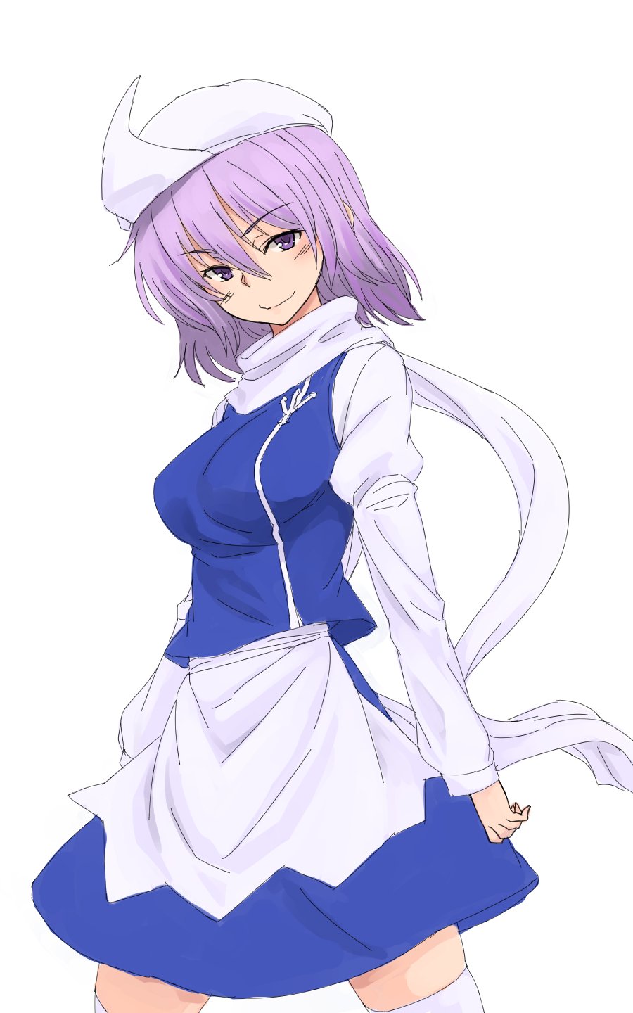 1girl apron blue_skirt breasts closed_mouth highres kakone lapel_pin letty_whiterock looking_at_viewer one-hour_drawing_challenge purple_hair scarf short_hair simple_background skirt smile solo touhou violet_eyes white_apron white_background white_scarf