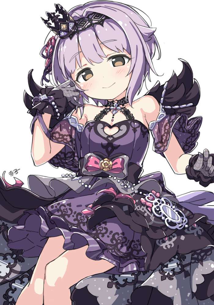 1girl bare_shoulders black_choker black_feathers black_wings blush bracelet breasts brown_eyes character_name choker cleavage_cutout closed_mouth clothing_cutout cowboy_shot crown dot_nose dress feathered_wings feathers flipped_hair flower frilled_dress frilled_gloves frills gloves grey_gloves hair_flower hair_ornament head_tilt idolmaster idolmaster_cinderella_girls jewelry koshimizu_sachiko kuresuku_(lessons) layered_skirt light_smile looking_at_viewer mini_crown pearl_bracelet purple_dress purple_hair red_flower red_rose rose short_hair sidelocks simple_background skirt small_breasts solo white_background wings