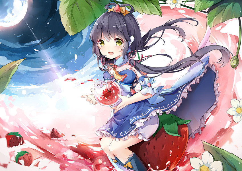 1girl :d black_hair bloomers blue_dress blush clouds detached_sleeves dress flower food fruit full_moon green_eyes hair_ornament hair_ribbon hair_rings holding leaf long_hair looking_at_viewer low_twintails luo_tianyi moon natie_(latte) open_mouth ribbon sitting sky smile solo star_(symbol) strawberry twintails underwear very_long_hair vocaloid vsinger white_bloomers white_flower yellow_eyes