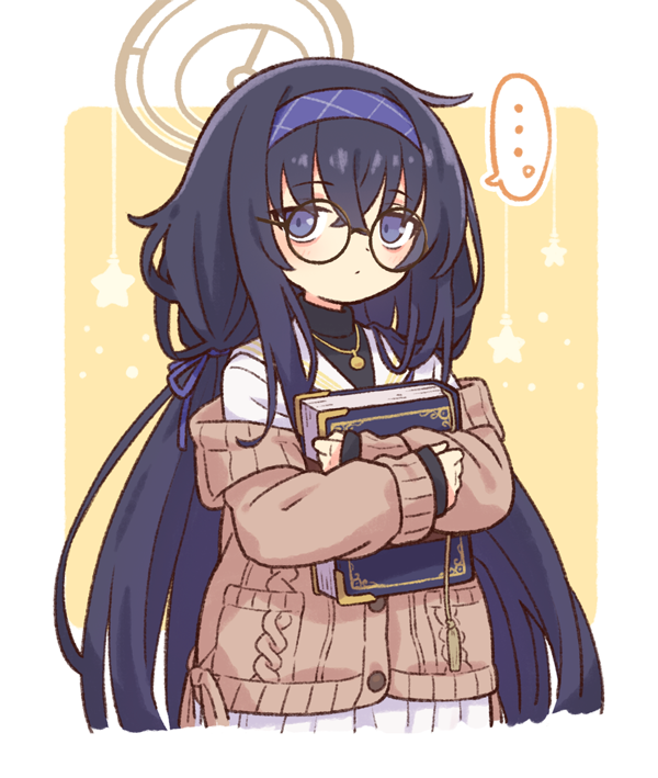 ... 1girl bags_under_eyes black_hair black_sweater blue_archive blue_eyes blue_hairband blue_ribbon book cardigan closed_mouth commentary glasses hair_ribbon hairband halo holding holding_book long_hair looking_at_viewer low_twintails off_shoulder onyhakase pleated_skirt ribbon round_eyewear sailor_collar school_uniform serafuku shirt skirt solo speech_bubble spoken_ellipsis sweater turtleneck turtleneck_sweater twintails ui_(blue_archive) upper_body very_long_hair white_sailor_collar white_serafuku white_shirt white_skirt