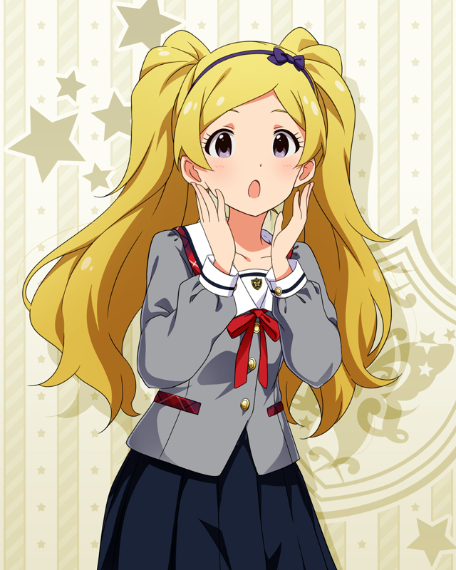 1girl black_skirt blonde_hair breasts buttons chestnut_mouth collar collarbone cowboy_shot dot_nose emily_stewart eyelashes fluffy_hair grey_serafuku grey_shirt hairband hands_up idolmaster idolmaster_million_live! idolmaster_million_live!_theater_days junior_high_schoolmate_(idolmaster) light_blush long_hair long_sleeves looking_at_viewer neck_ribbon official_alternate_costume official_art parted_bangs plaid_collar pleated_skirt red_ribbon ribbon school_uniform serafuku shirt sidelocks skirt small_breasts solo starry_background twintails very_long_hair violet_eyes wavy_hair white_collar