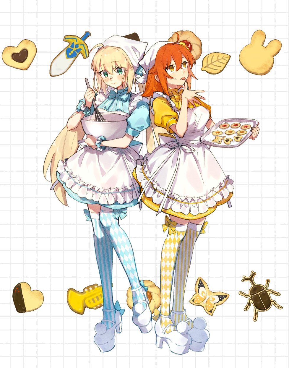 2girls ahoge apron artoria_caster_(fate) artoria_pendragon_(fate) asymmetrical_legwear blonde_hair checkered_background cookie cooking fate/grand_order fate_(series) food fujimaru_ritsuka_(female) green_eyes highres kabutomushi_s licking licking_finger matching_outfits mismatched_legwear multiple_girls orange_eyes orange_hair thigh-highs twintails whisk white_apron