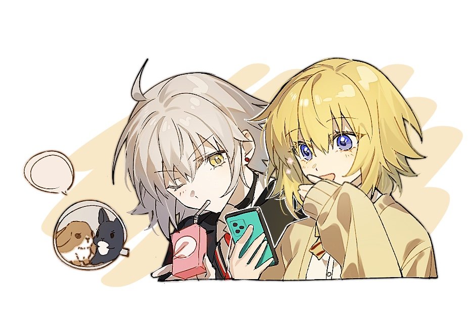 2girls :d bendy_straw black_jacket blazer blonde_hair cardigan cellphone drinking_straw fate/grand_order fate_(series) idass_(idass16) jacket jeanne_d'arc_(fate) jeanne_d'arc_alter_(fate) long_sleeves looking_down multiple_girls official_alternate_costume one_eye_closed open_cardigan open_clothes open_mouth phone portrait rabbit school_uniform short_hair simple_background smartphone smile violet_eyes white_background white_hair yellow_cardigan yellow_eyes