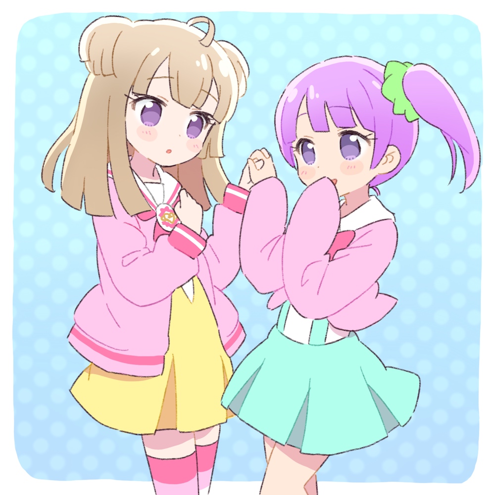 2girls :o ahoge bad_id bad_pixiv_id blonde_hair blue_background blue_skirt blunt_bangs blunt_ends blush border cardigan collared_shirt commentary_request cosplay costume_switch cowboy_shot dress green_scrunchie hands_up holding_hands ikzw long_hair long_sleeves looking_at_another manaka_non manaka_non_(cosplay) manaka_non_(normal) multiple_girls open_mouth outside_border paprika_private_academy_school_uniform pink_cardigan pretty_series pripara purple_hair sailor_collar school_uniform scrunchie shirt short_dress short_hair skirt sleeves_past_fingers sleeves_past_wrists standing suspender_skirt suspenders thigh-highs tsukikawa_chili tsukikawa_chili_(cosplay) tsukikawa_chili_(normal) two_side_up violet_eyes white_border white_sailor_collar white_shirt yellow_dress