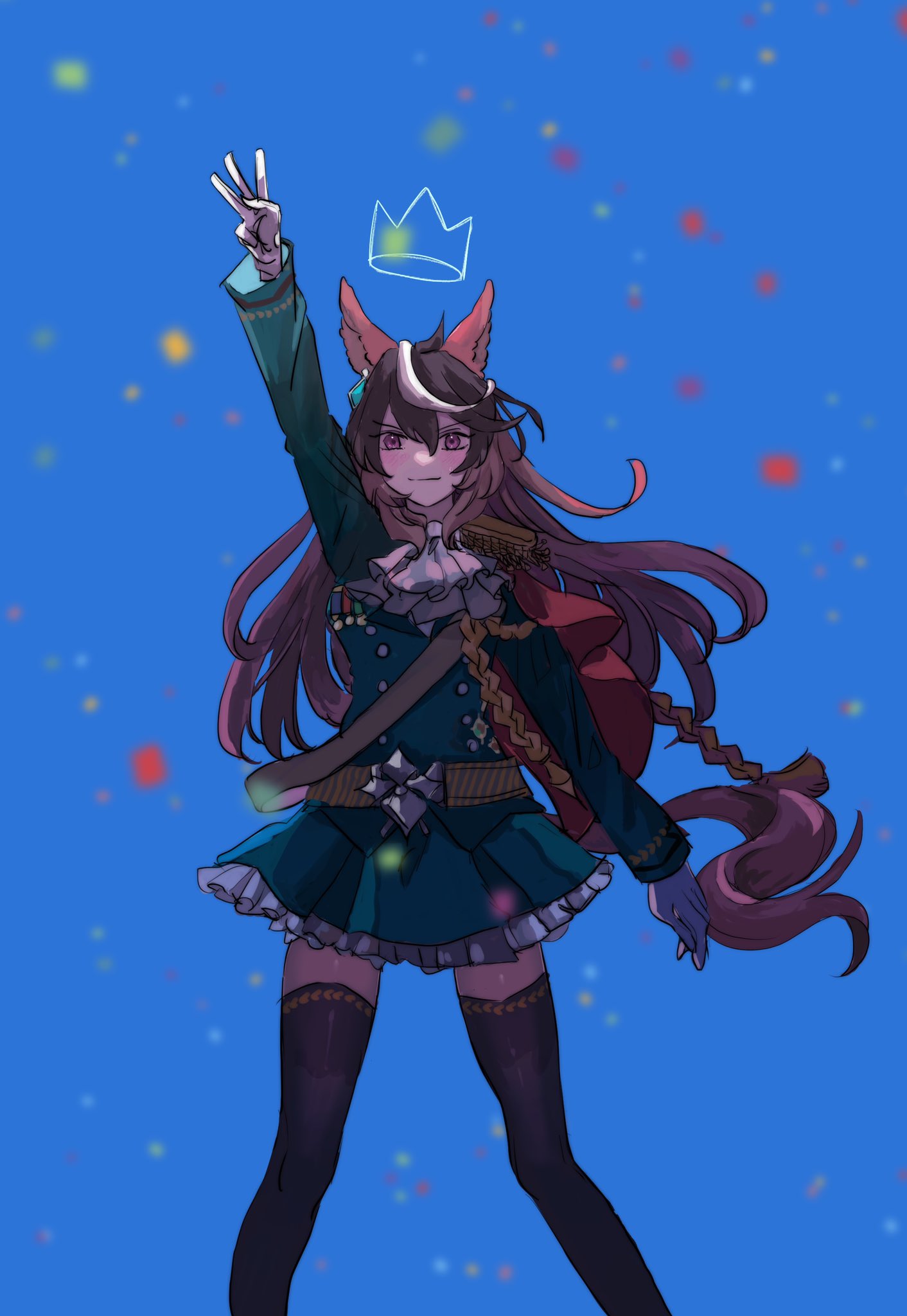 1girl aiguillette arm_up ascot belt black_thighhighs blue_background brown_hair closed_mouth confetti crown epaulettes feet_out_of_frame gloves green_jacket green_skirt highres jacket jupo_(nnmn_7737) long_hair long_sleeves looking_at_viewer medal miniskirt multicolored_hair outstretched_arm side_cape single_epaulette skirt smile solo standing streaked_hair symboli_rudolf_(umamusume) thigh-highs umamusume w white_ascot white_gloves