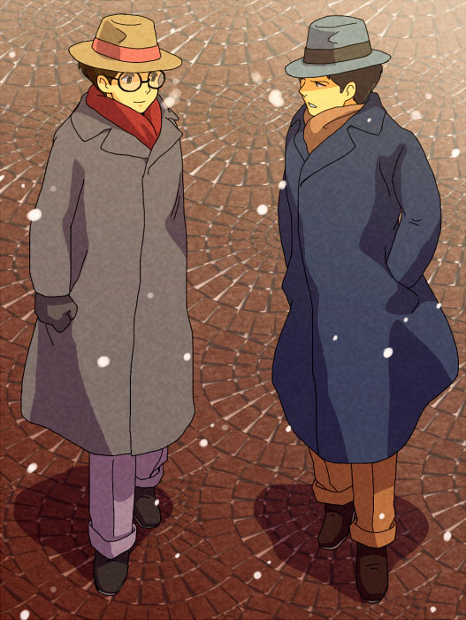 2boys black-framed_eyewear black_footwear black_gloves blue_coat brown_footwear brown_hair closed_mouth coat commentary_request full_body glasses gloves grey_coat grey_hat hands_in_pockets hat honjou_kirou horikoshi_jirou kaze_tachinu lapels light_smile long_coat long_sleeves looking_at_another male_focus multiple_boys open_mouth orange_pants orange_scarf outdoors overcoat pants pink_pants red_scarf round_eyewear scarf scene_reference shoes short_hair snowing standing tsurugi very_short_hair yellow_hat