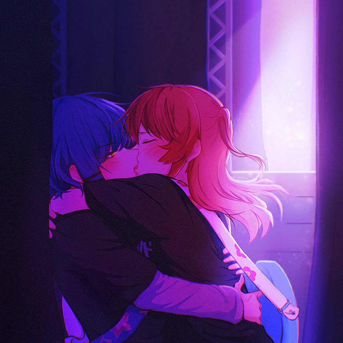 2girls arms_around_neck black_shirt blue_hair blush bocchi_the_rock! commentary_request french_kiss guitar hair_ornament hairclip hand_on_another's_back highres hug instrument kiss kita_ikuyo layered_sleeves long_hair long_sleeves multiple_girls one_side_up redhead shirt short_over_long_sleeves short_sleeves stage yakaze_(yakaze1604) yamada_ryo yuri