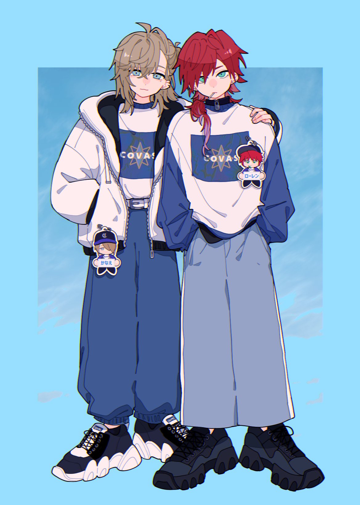 2boys :3 arm_around_shoulder belt black_footwear blue_background blue_eyes blue_pants blue_shirt brown_hair closed_mouth fashion full_body hand_in_pocket hands_in_pockets highres hood hood_down hooded_jacket jacket kanae_(nijisanji) lauren_iroas long_hair looking_ahead looking_at_viewer matching_outfits medium_hair mouth_hold multicolored_shirt multiple_boys nasi_w2 nijisanji open_clothes open_jacket oversized_clothes oversized_shirt pants print_shirt shirt shoes simple_background sneakers stalk_in_mouth standing streetwear white_belt white_jacket white_shirt