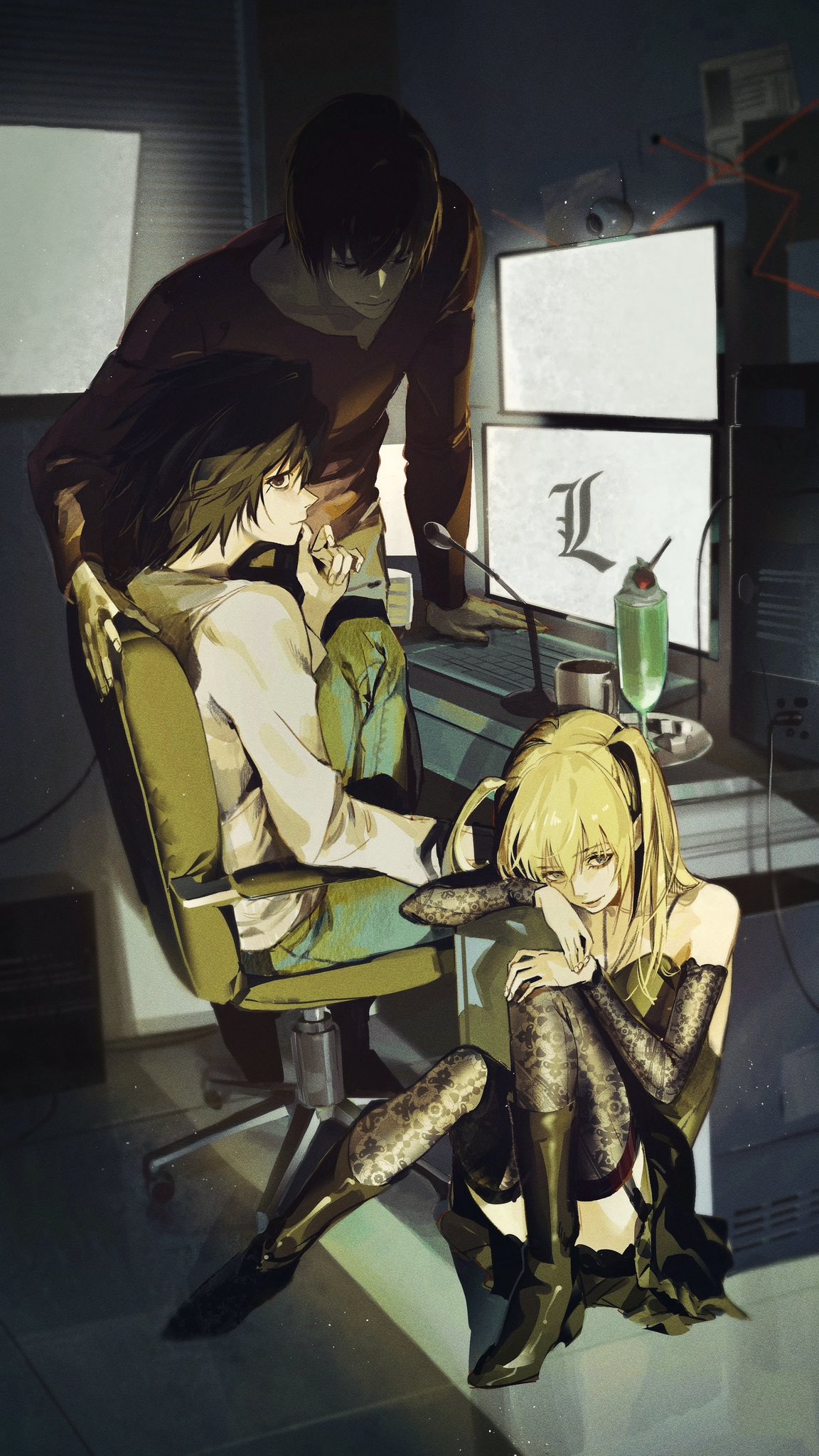 1girl 2boys amane_misa bare_shoulders black_dress black_eyes black_hair blonde_hair blue_eyes boots brown_hair chair computer cup death_note denim desk doodoopi4 dress garter_straps gothic_lolita high_heel_boots high_heels highres indoors jeans jewelry keyboard_(computer) l_(death_note) lace lace_legwear lace_sleeves lace_thighhighs leaning_forward lolita_fashion microphone mug multiple_boys necklace pants parfait plate short_hair sitting standing two_side_up yagami_light
