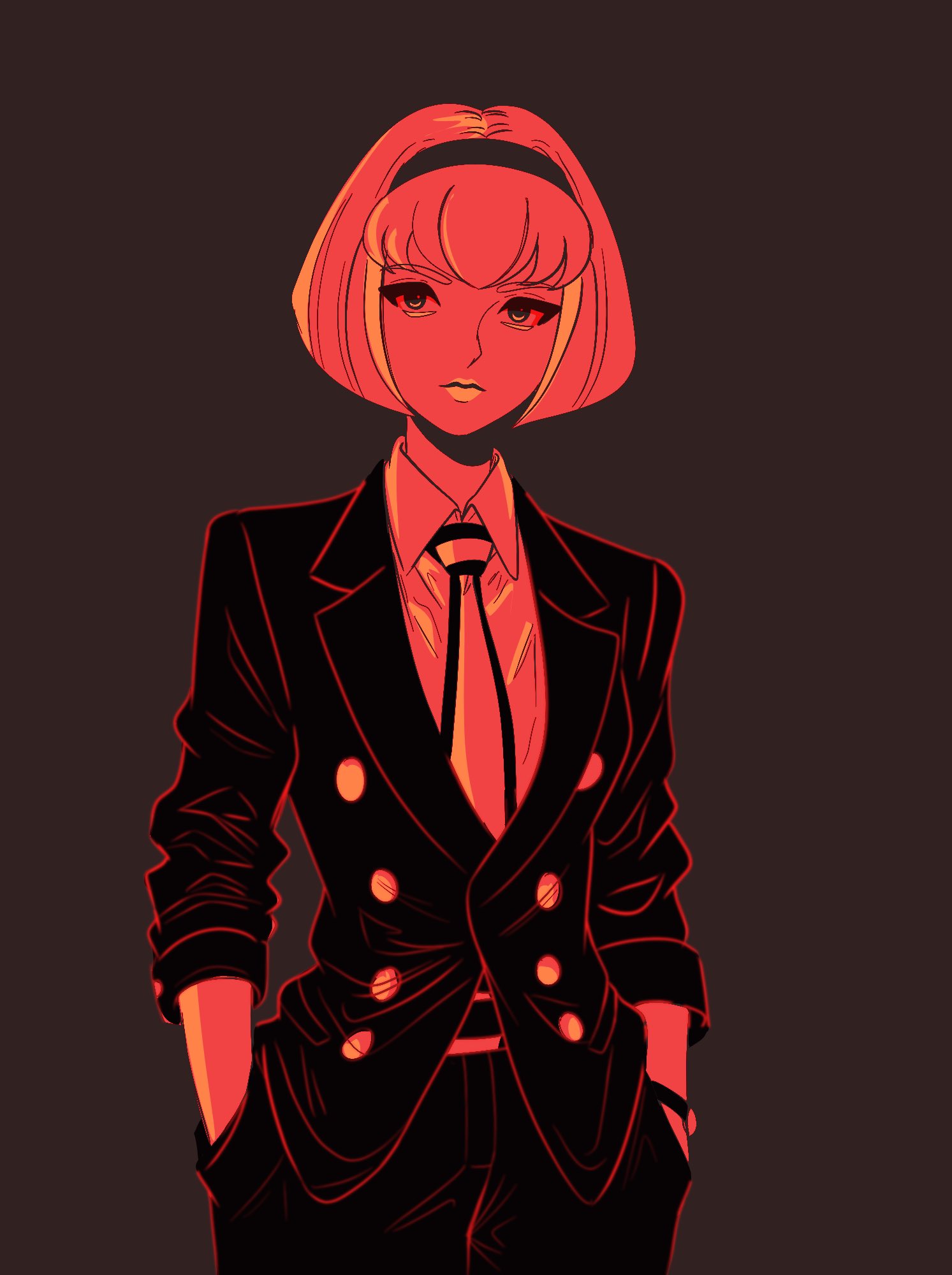 1girl black_eyes black_hairband black_jacket blunt_ends bob_cut expressionless french_commentary hairband highres jacket lips megadeus_mommy necktie pale_skin r_dorothy_wayneright red_light redhead shirt short_hair solo suit the_big_o watch white_shirt