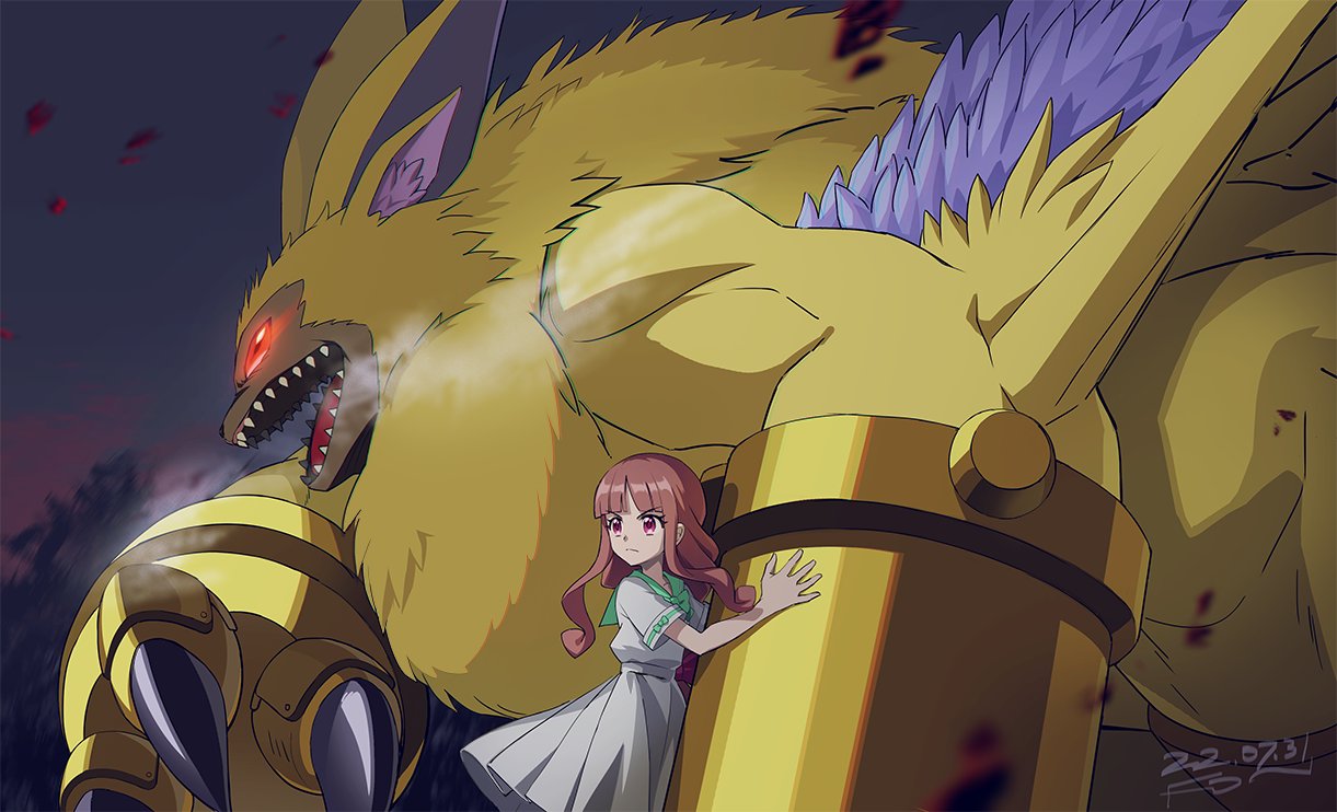 1girl bow breath brown_hair claws commentary digimon digimon_(creature) digimon_ghost_game dress embers eye_trail fon-due_(fonfon) green_neckerchief grey_dress hair_bow hug lamortmon light_trail long_hair looking_to_the_side monster neckerchief open_mouth outdoors pink_bow red_eyes sharp_teeth size_difference symbol-only_commentary teeth tsukiyono_ruli