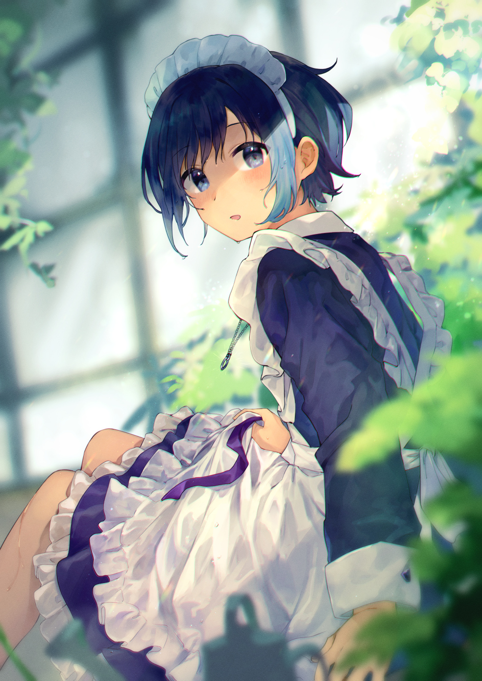 1boy apron black_dress black_eyes black_hair black_ribbon blush crossdressing dress feet_out_of_frame frilled_apron frilled_dress frills from_side hand_on_own_thigh harecaba headband highres jewelry long_sleeves looking_at_viewer maid maid_headdress necklace open_mouth original otoko_no_ko plant ribbon ring ring_necklace short_hair sitting sleeve_cuffs solo wet wet_hair white_apron white_headband