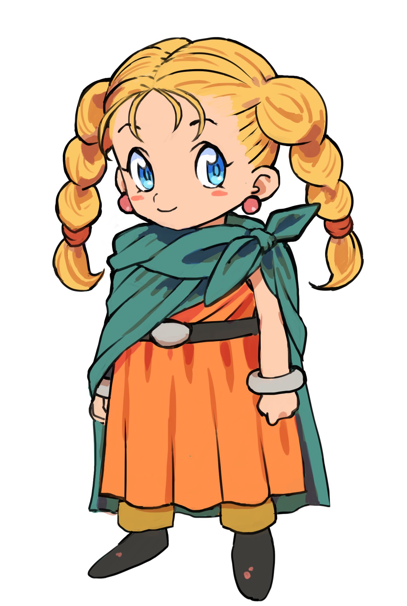1girl aged_down belt bianca_(dq5) blonde_hair blue_eyes blush boots bracelet braid brown_footwear cape child cloak closed_mouth commentary_request dragon_quest dragon_quest_v dress earrings full_body gan2 green_cape green_cloak hair_pulled_back highres jewelry long_hair looking_at_viewer orange_dress smile solo standing twin_braids white_background